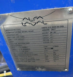 Alfa Laval machine identification plate with technical specifications on a blue background